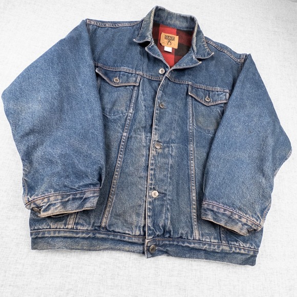 Vintage GAP Flannel Lined Denim Trucker Jacket Buffalo Plaid 90s Workwear M - Picture 5 of 12